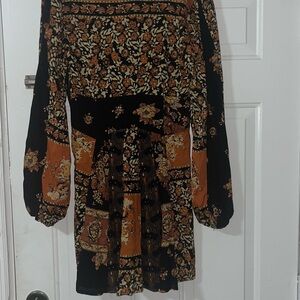 Elegant Floral Patchwork Long Sleeve Dress - Black and Orange